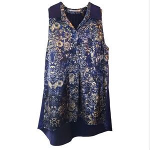 Tahari Blue Paisley Sheen Sleevless Blouse Tank